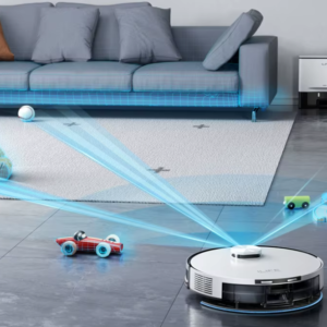 Robot aspirador y fregador CSDILIFE PRO frente a un sofá, con ilustración de navegación láser.
