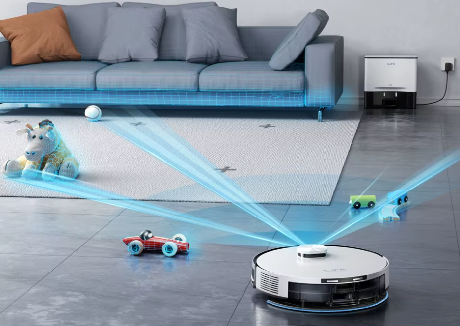 Robot aspirador y fregador CSDILIFE PRO frente a un sofá, con ilustración de navegación láser.